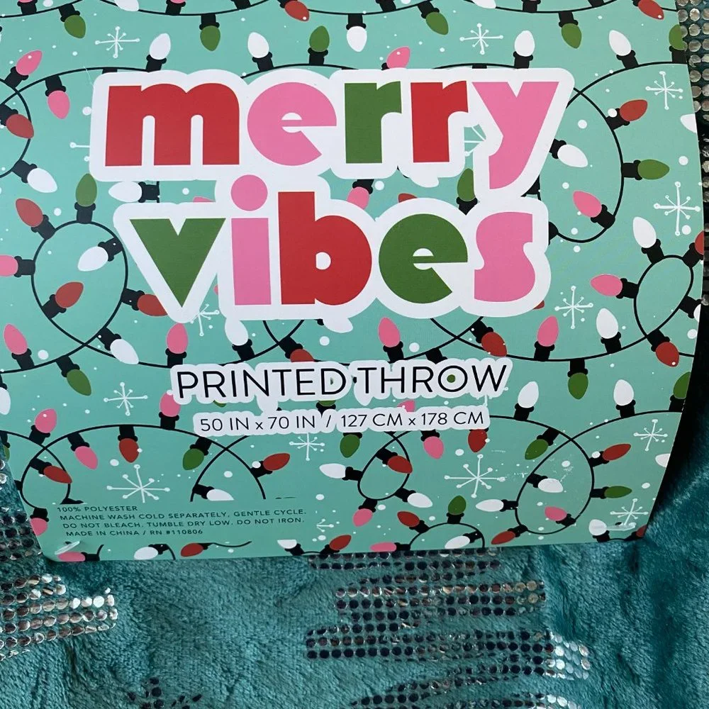 Merry vibes green blanket silver Christmas tree Joy printed Throw 50x70 new
